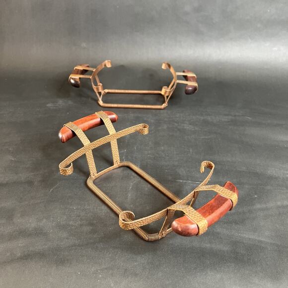 Two Vintage Hammered Copper Casserole Holders Wood Handles Rustic Kitchen Decor - Picture 1 of 5